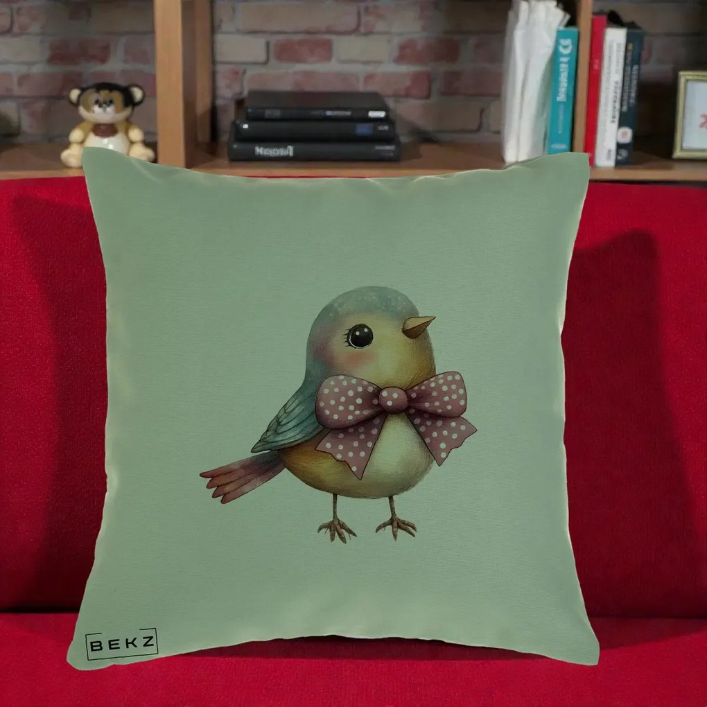 Perna Decorativa Pasare Bleu cu Fundita Roz, 40x40 cm, Verde, Husa Detasabila, Perna Inclusa, BEKZ®