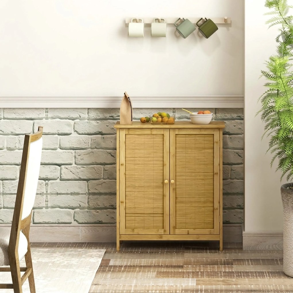 HOMCOM Comodă în Stil Boho din Rattan și Bambus, Dulap cu 2 Uși și Raft Interior, 60x27x67.5 cm, Lemn Natural | Aosom Romania