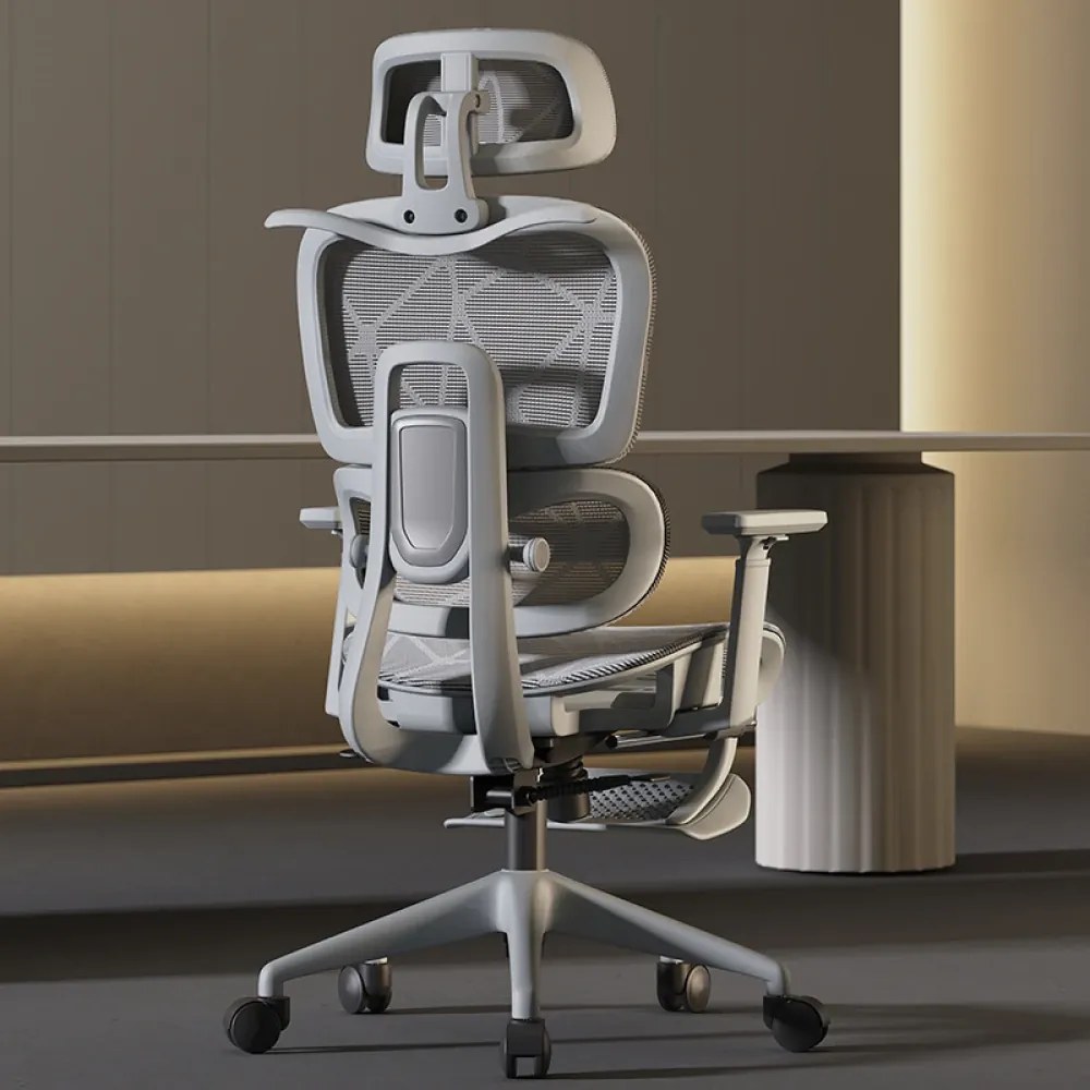 Scaun ergonomic, functie translatie sezut, cotiere reglabile 3D, tetiera 3D, suport lombar reglabil, spătar reglabil inaltime, pivotant, suport picioare, Gri