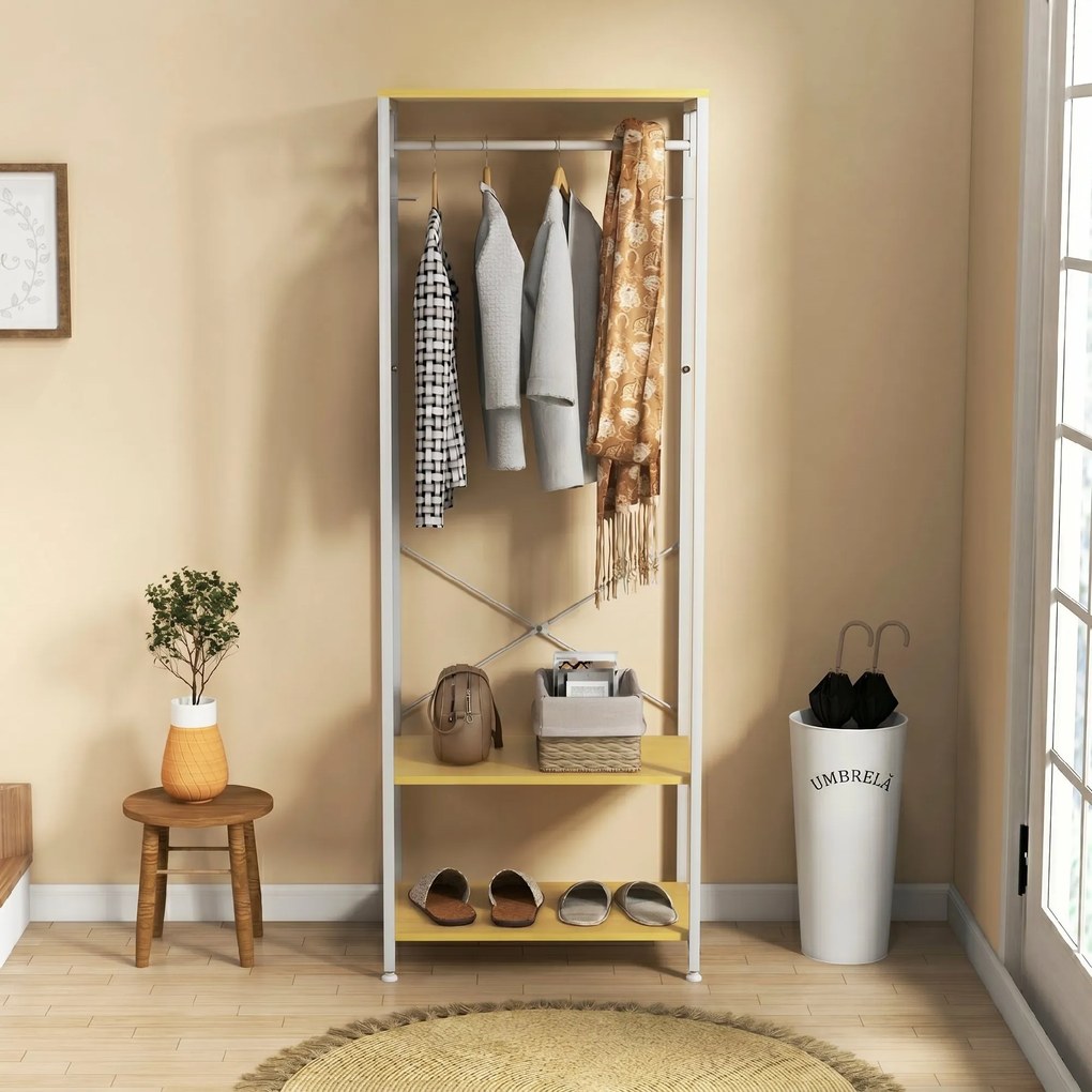 HOMCOM Suport 2 în 1 pentru Haine cu Depozitare Pantofi, Șină Suspendată și 2 Rafturi de Depozitare, 60x40x167.5 cm, Natural | Aosom Romania