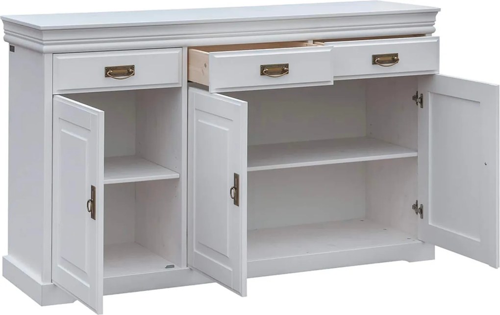 Comodă lemn masiv alb Florence, 140 × 43 × 88 cm
