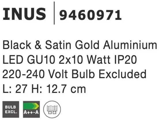Plafoniera 2L design modern Inus negru, auriu satin