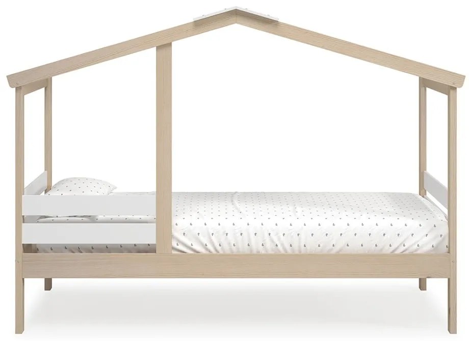 Pat pentru copii alb/natural de tip casă cu aspect de lemn de pin 90x190 cm Angel – Marckeric