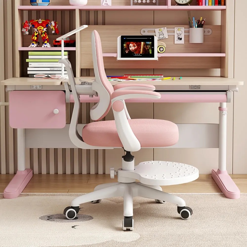 Scaun ergonomic pentru copii, spatar relgabil adancime, suport picioare reglabil, rotativ, Roz