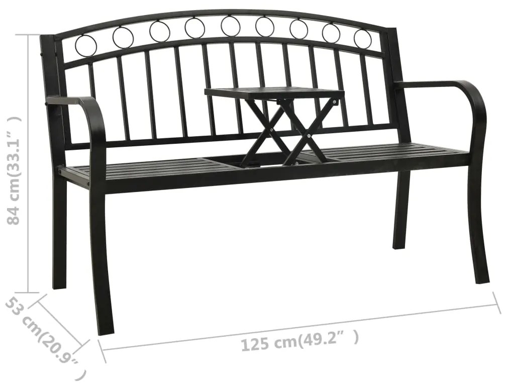 Banca de gradina cu masa, negru, 125 cm, otel 1, Cu masa, Negru, Negru