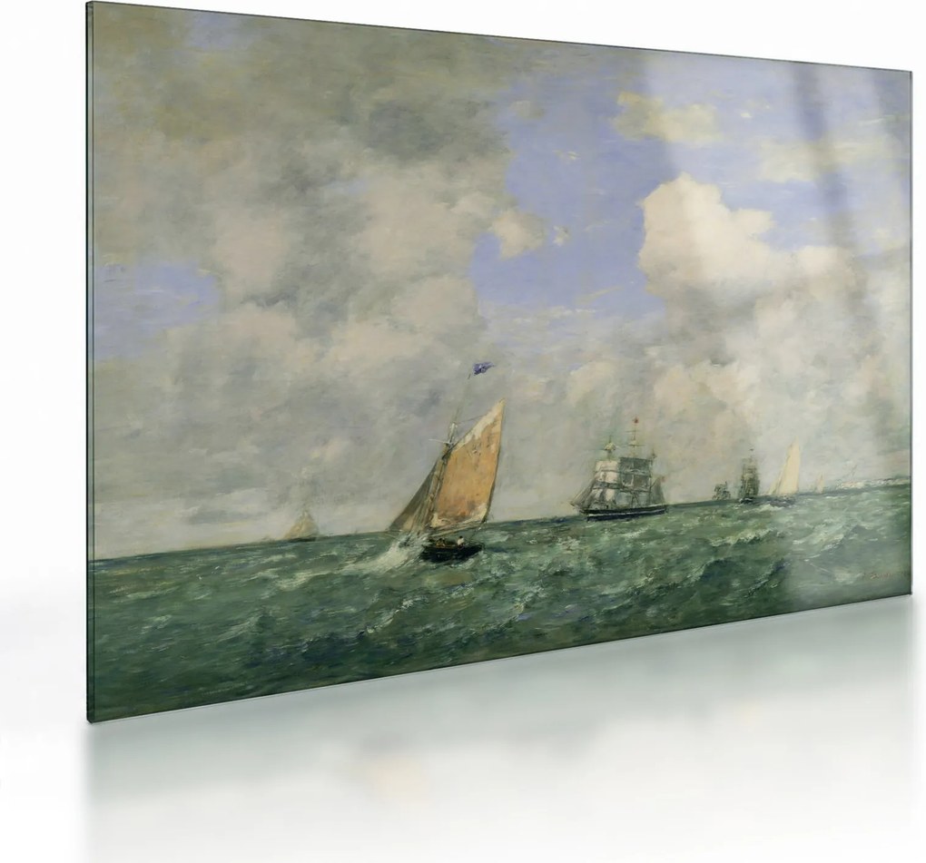 Tablou pe sticlă - Eugène Boudin, Ships and Sailing Boats Leaving Le Havre, reproducere (70x50 cm)
