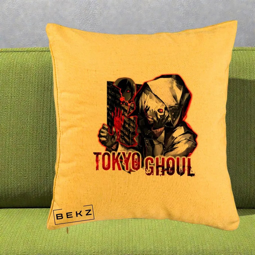 Perna Personalizata Tokyo Ghoul Ken Kaneki Anime, 40x40 cm, Galben, Husa Detasabila, Perna Inclusa, BEKZ®