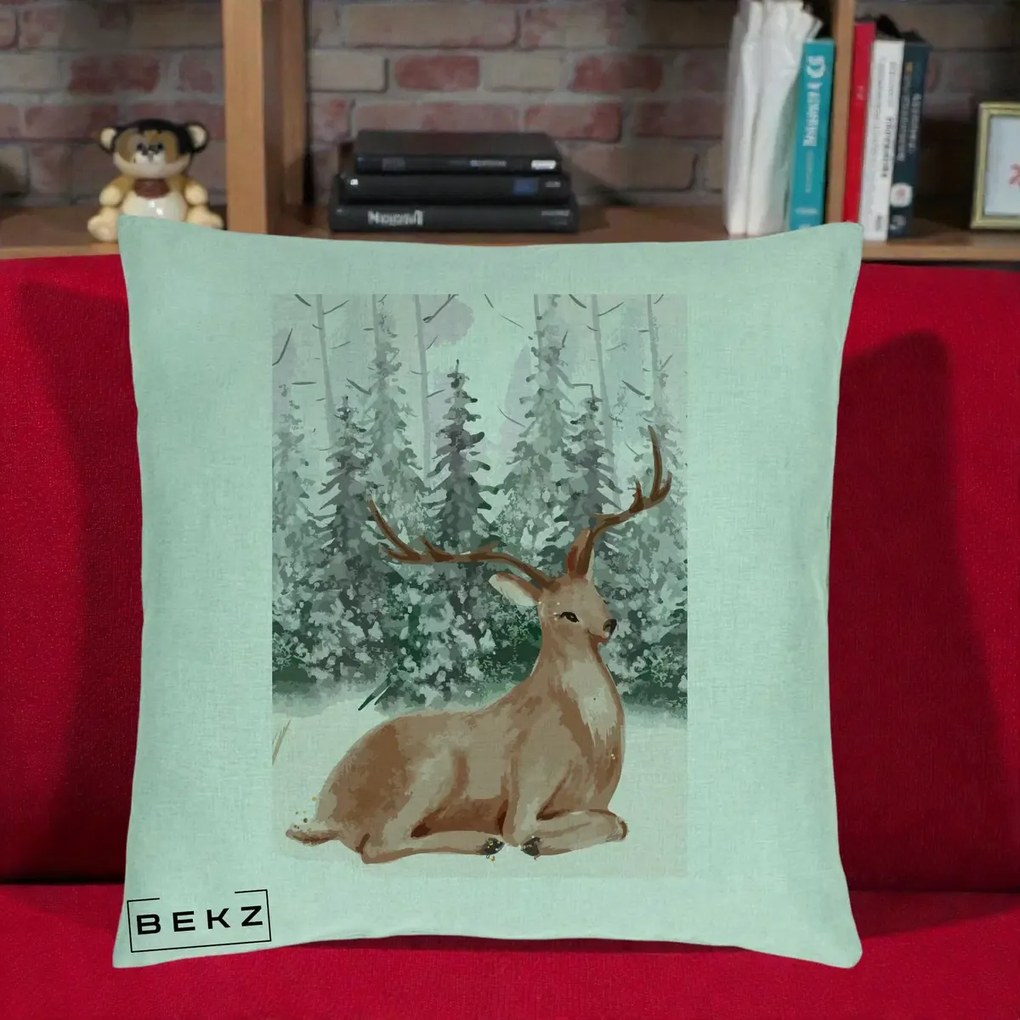 Perna Decorativa Ren in Padure Roz Moale, 40x40 cm, Verde Menta, Husa Detasabila, Perna Inclusa, BEKZ®