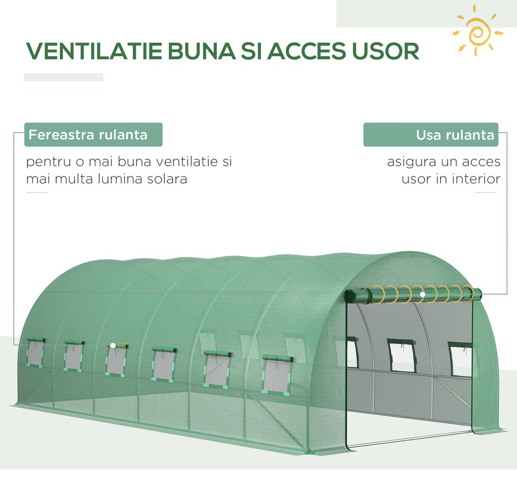 Prelată de seră Outsunny din PE cu 12 ferestre, ușă rulantă și margini îngropate, 6x3x2 m, de culoare verde | Aosom Romania