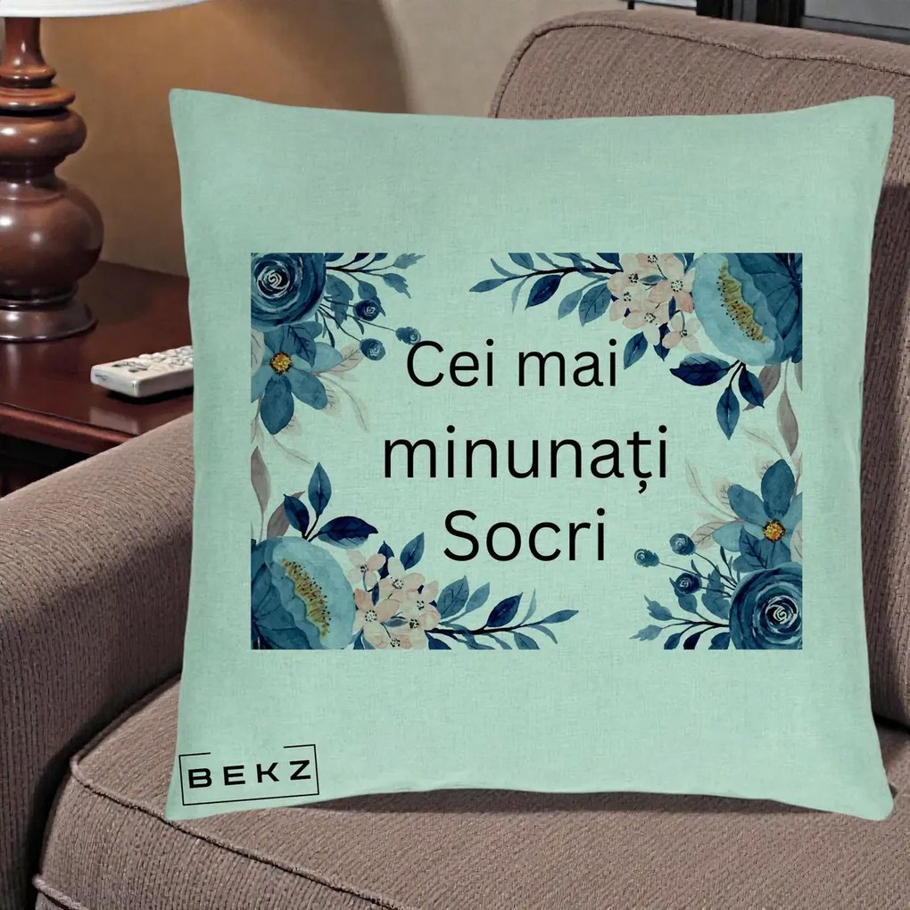 Cadou pentru Socri - Perna Personalizata Cei mai Minunati Socri cu Flori Albastre si Roz, 40x40 cm, Verde Menta, Husa Detasabila, Perna Inclusa, BEKZ®