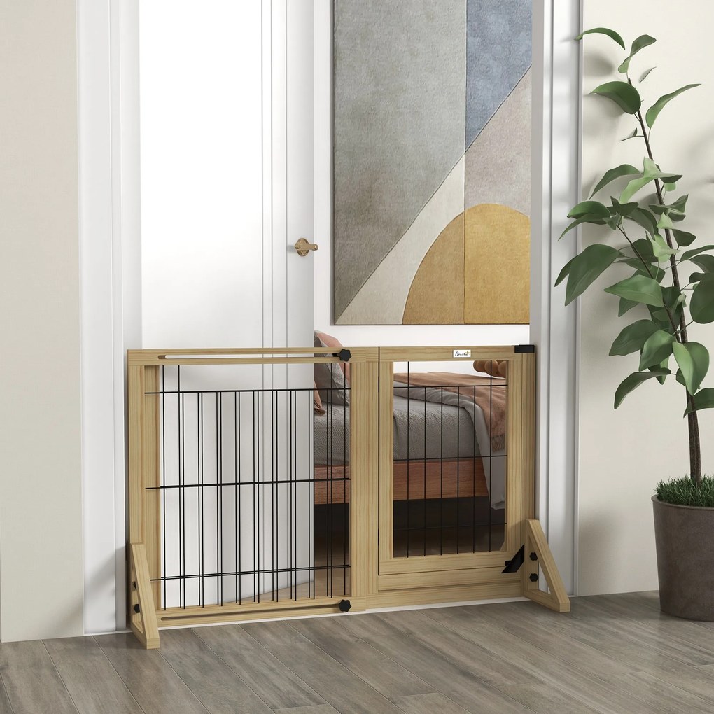 PawHut Gard Extensibil pentru Câini, Gard de Siguranță pentru Animale cu Ușă și 2 Panouri, Picioare Triangulare, 112-159x70 cm, Lemn Natural | Aosom Romania