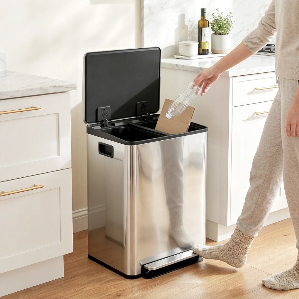 HOMCOM Coș de Gunoi cu 2 Compartimente de 30L, Pedală și Capac Silențios, 47,7x37,5x66,8 cm, Argintiu | Aosom Romania