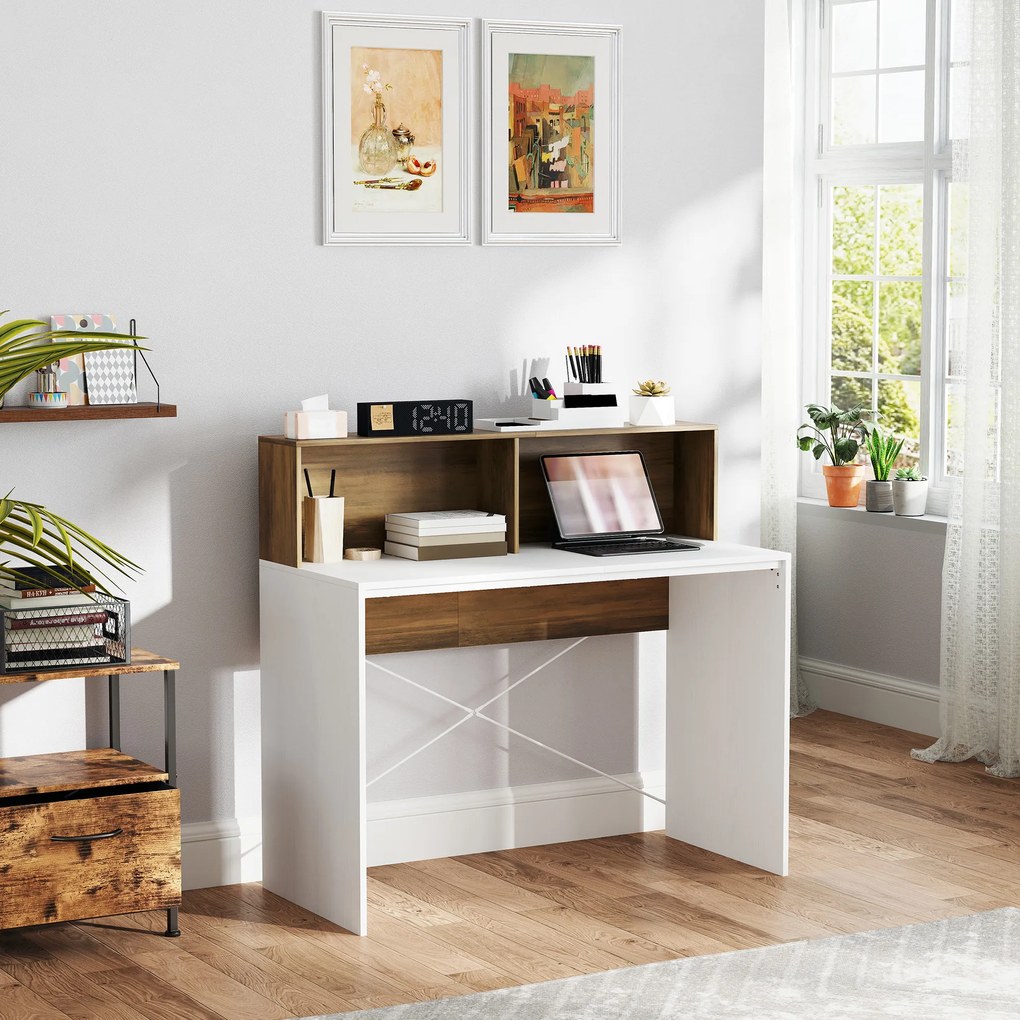 HOMCOM Birou PC pentru Studiu cu Blat Înălțat și 2 Rafturi, 110x50x102.6 cm, Alb și Maro Nuc | Aosom Romania