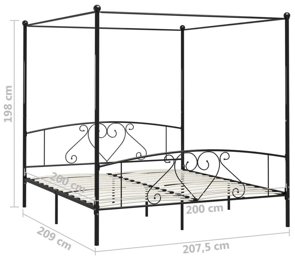 Cadru de pat cu baldachin, negru, 200 x 200 cm, metal Negru, 200 x 200 cm