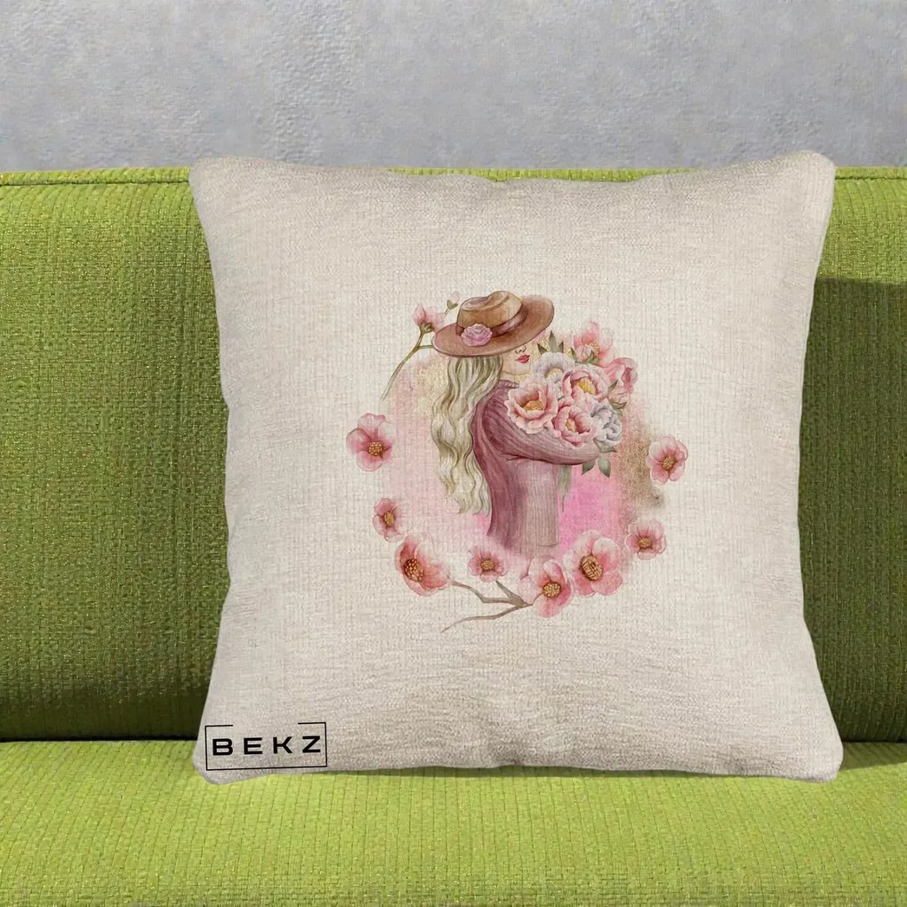 Perna Decorativa Femeie cu Flori Roz Acuarela, 40x40 cm, Bej Canapea, Husa Detasabila, Perna Inclusa, BEKZ®