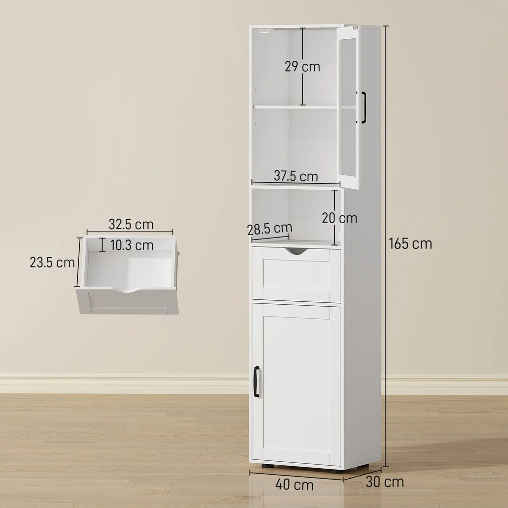 HOMCOM Mobilier de Baie Slim cu Dulapuri și Ușă din Sticlă, Mobilier Economizitor de Spațiu cu Raft Deschis, Sertar și Rafturi Ajustabile, Coloană Modernă, 40x30x165 cm, Alb | Aosom Romania