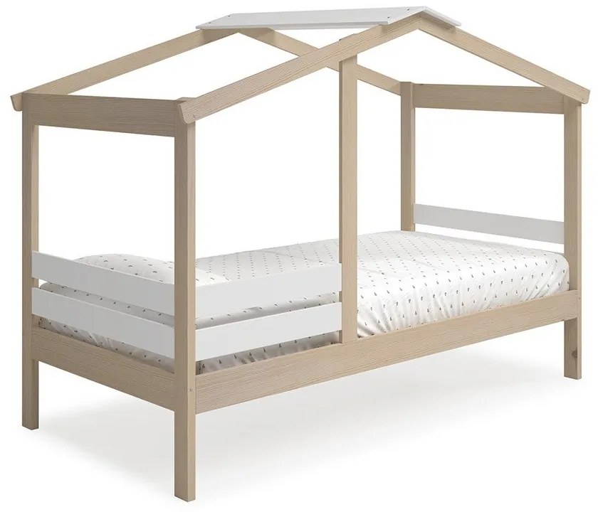 Pat pentru copii alb/natural de tip casă cu aspect de lemn de pin 90x190 cm Angel – Marckeric