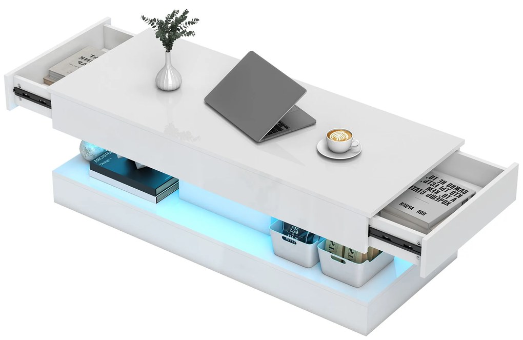 HOMCOM Masa de cafea cu sertare și lumini LED, masă laterală modernă cu raft deschis, masă de cafea, placaj, Alb | Aosom Romania