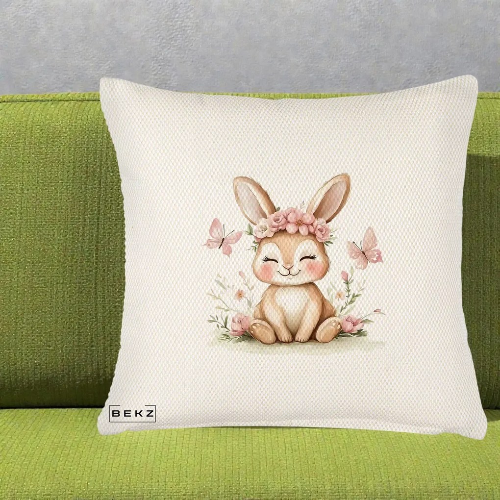 Perna Decorativa Iepuras cu Coronita Florala Roz, 40x40 cm, Crem Reliefat, Husa Detasabila, Perna Inclusa, BEKZ®