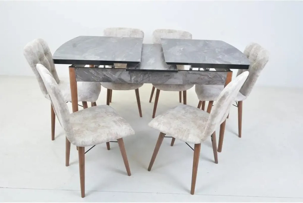 Set masa extensibila cu 6 scaune tapitate Homs marmura/bej 170 x 80 cm picioare lemn  