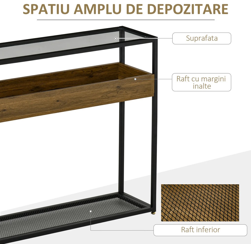 HOMCOM Masa Consola pentru Intrare in Stil Industrial, Blat din Sticla, Cadru  din Otel si Lemn, Masuta pentru Living si Sufragerie, Maro Rustic