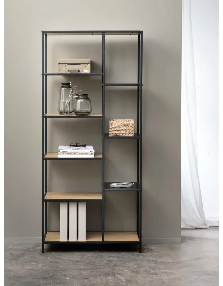 Bibliotecă neagră/în culoare naturală cu aspect de lemn de stejar 80x180x35 cm Altino – Unique Furniture