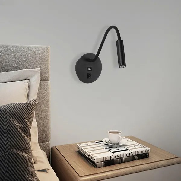 Lampă LED flexibilă de perete cu port USB Brilagi MAYA LED/3W/230V negru