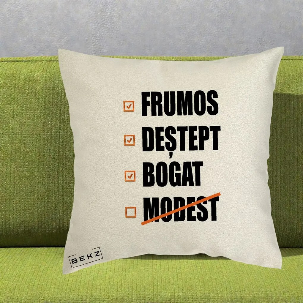 Perna Decorativa Frumos Destept Bogat, 40x40 cm, Ecru, Husa Detasabila, Perna Inclusa, BEKZ®
