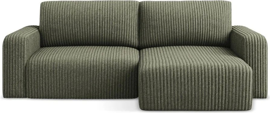 Colțar verde extensibil/cu spațiu de depozitare cu tapițerie din catifea reiată (cu colț pe partea dreaptă/cu șezlong) Kona – Makamii