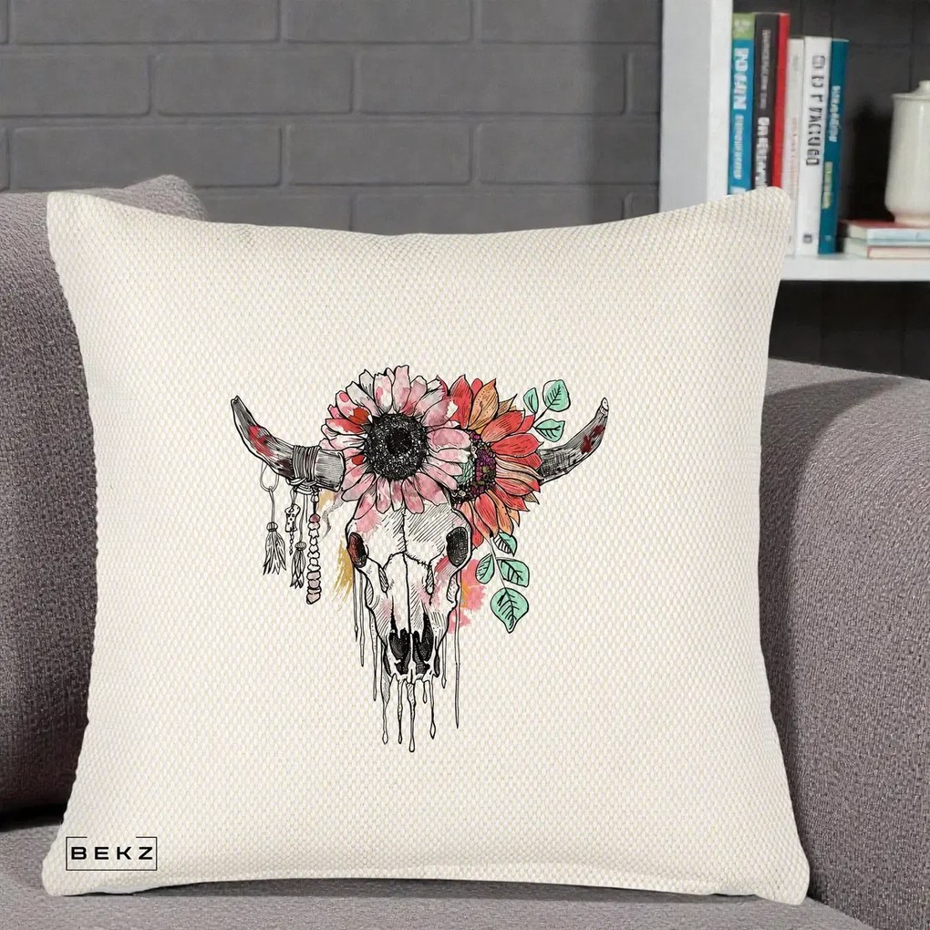 Perna Decorativa Craniu Boho Floral, 40x40 cm, Crem Reliefat, Husa Detasabila, Perna Inclusa, BEKZ®