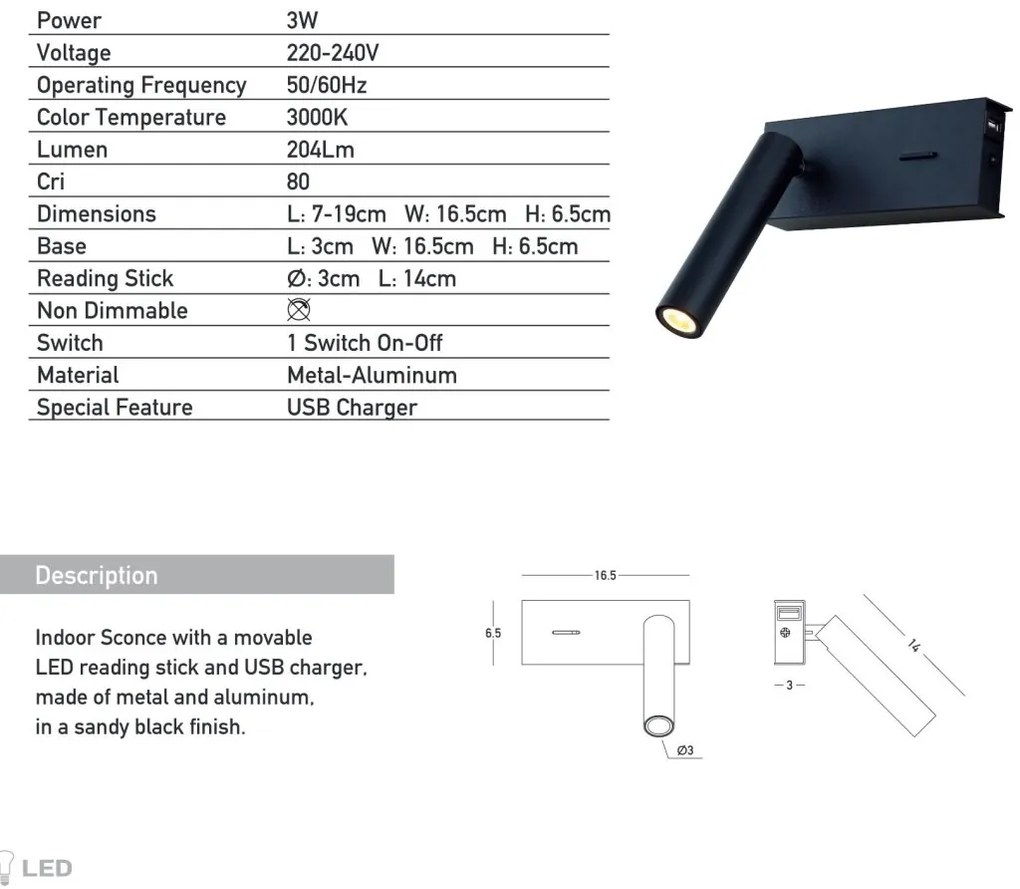 Aplica de perete cu spot LED directionabil, USB Charger Nihad negru