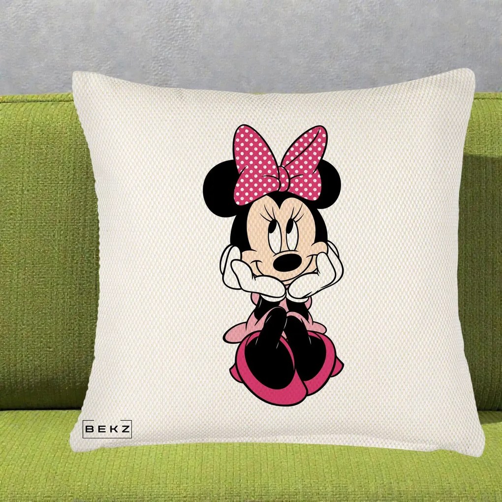 Perna Personalizata Minnie Mouse cu Fundita, 40x40 cm, Crem Reliefat, Husa Detasabila, Perna Inclusa, BEKZ®
