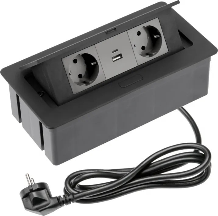 Priză încorporabilă în blat Soft GTV, 2 prize Schuko, USB A + C, negru, 250 x 130 mm Negru, Aluminiu/Plastic, L:250 mm; l:130 mm; H:73 mm