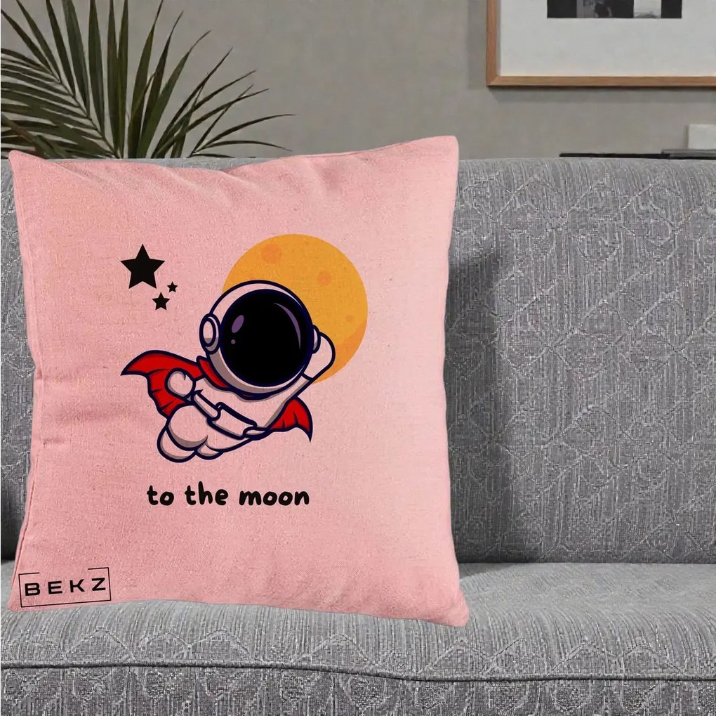 Perna Decorativa Astronaut To The Moon, 40x40 cm, Roz, Husa Detasabila, Perna Inclusa, BEKZ®