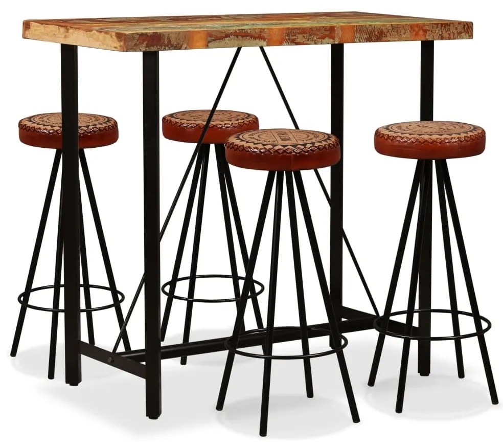 vidaXL Set de bar 5 piese lemn masiv reciclat, piele naturală și pânză