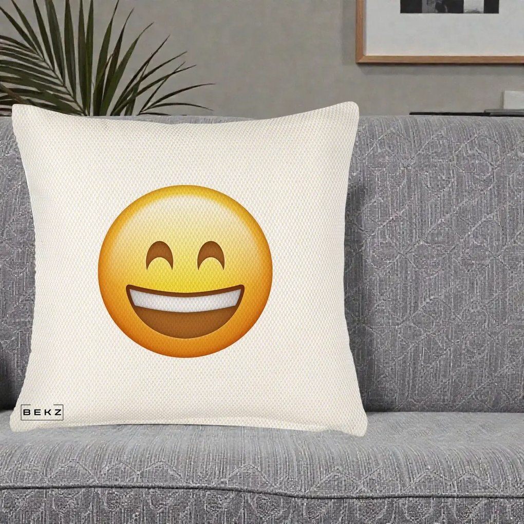 Perna Decorativa Emoji Zambet Mare, 40x40 cm, Crem Reliefat, Husa Detasabila, Perna Inclusa, BEKZ®