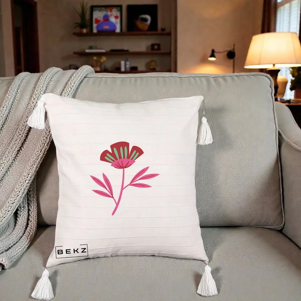 Perna Decorativa Floare Macul Roz-Rosu Grafic, 40x40 cm, Bej cu Franjuri, Husa Detasabila, Perna Inclusa, BEKZ®