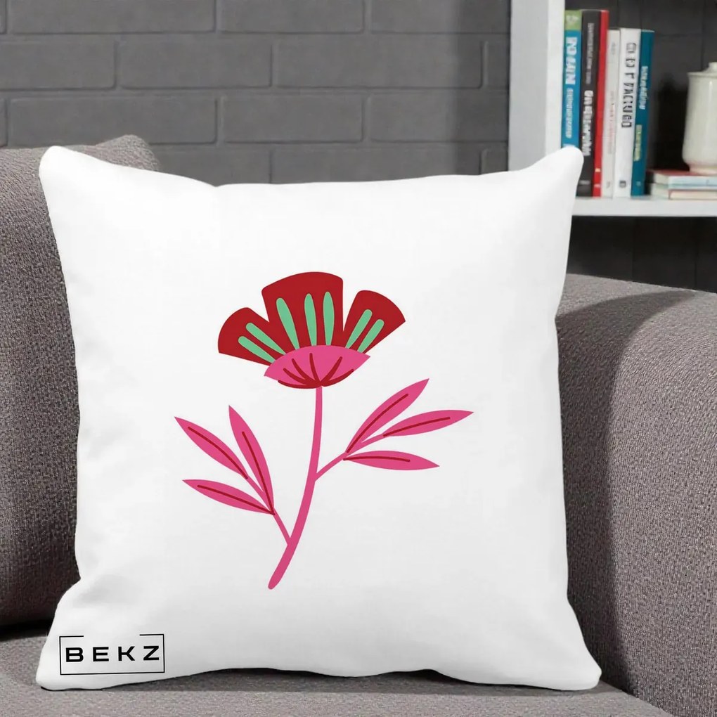 Perna Decorativa Floare Macul Roz-Rosu Grafic, 40x40 cm, Alba Mata, Husa Detasabila, Perna Inclusa, BEKZ®