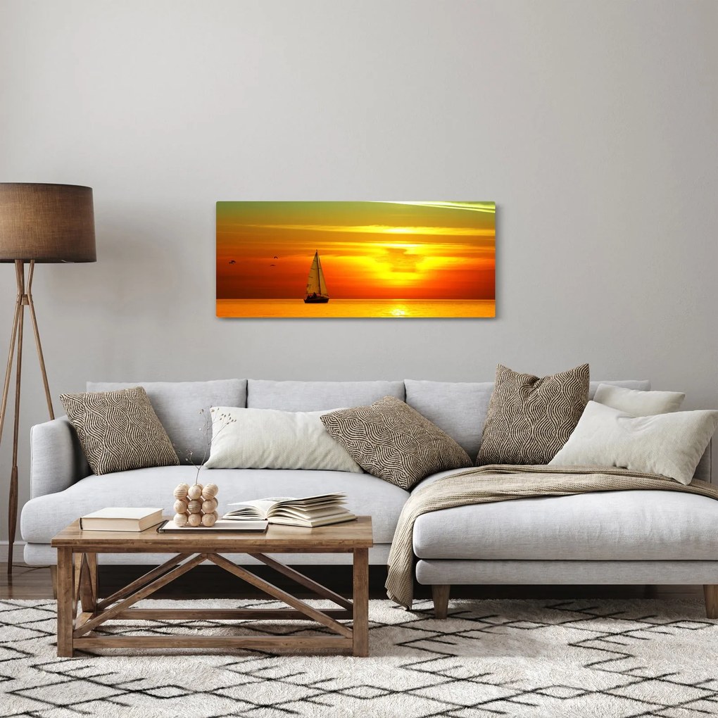 Tablou cu apus de soare și iaht (120x50 cm)