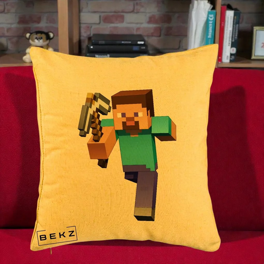 Perna Personalizata Minecraft Steve, 40x40 cm, Galben, Husa Detasabila, Perna Inclusa, BEKZ®
