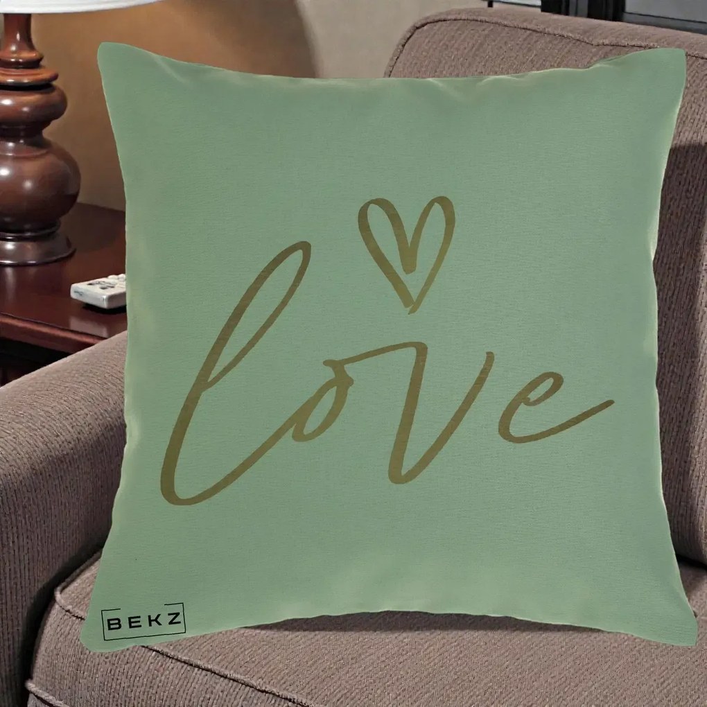 Perna Decorativa Love Caligrafie Aurie, 40x40 cm, Verde, Husa Detasabila, Perna Inclusa, BEKZ®
