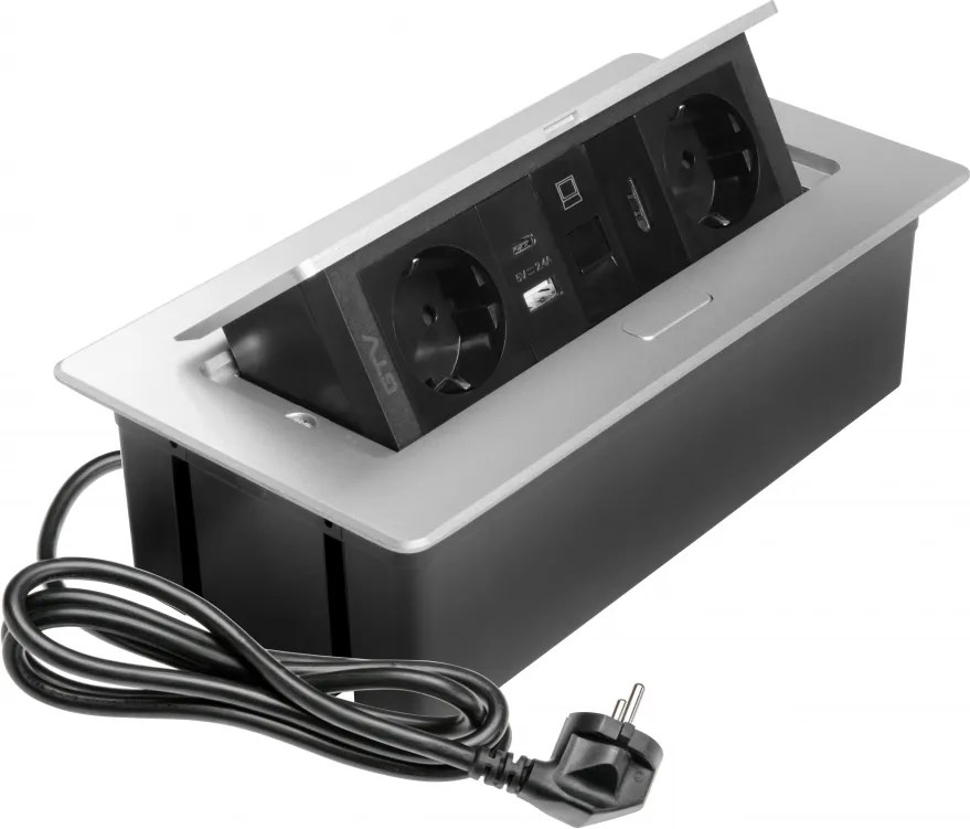 Priza incorporabila in blat Multi Soft GTV, 2 prize Schuko, USB A + C, HDMI, RJ45, aluminiu, 240 x 120 mm Aluminiu Plastic, Aluminiu, L:240 mm; l:120