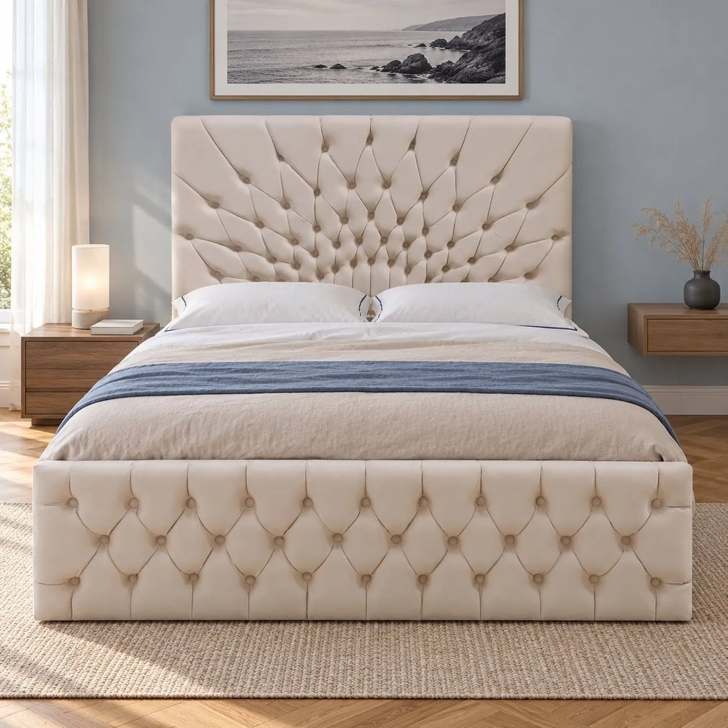 Pat tapițat Chesterfield din catifea Venezia 140×200 cm, crem, cu ladă de depozitare