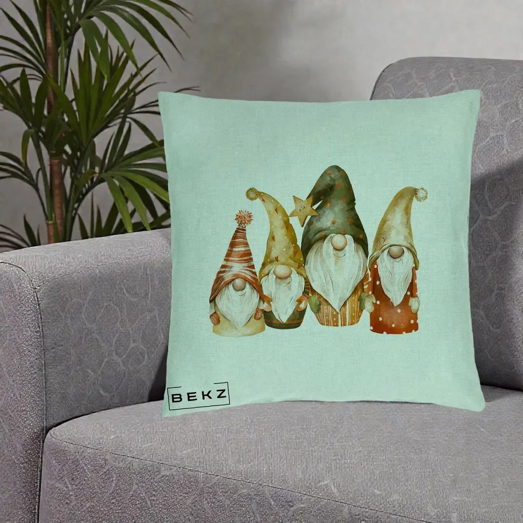 Perna Decorativa Gnomi de Craciun Patru, 40x40 cm, Verde Menta, Husa Detasabila, Perna Inclusa, BEKZ®