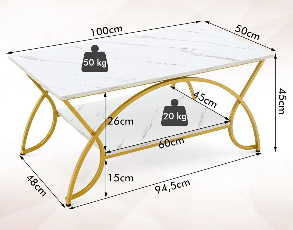 MCAU13 - Masuta de cafea, 100 cm, cu raft, picioare metalice, blat cu Imitatie de Marmura - Alb - Auriu