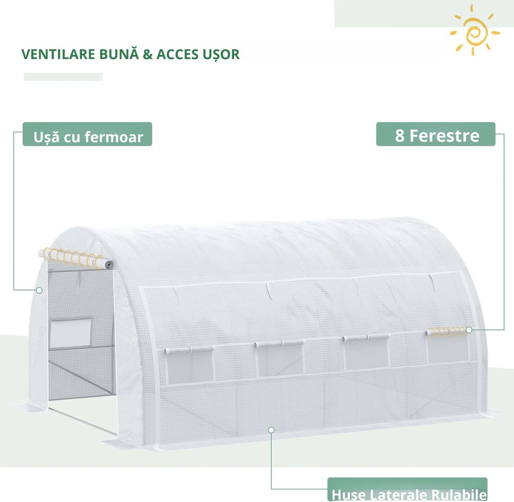 Outsunny Seră cu Tunel cu Ușă, Panouri și 8 Ferestre Rulabile, în Oțel Zincat și PE, 3.97x3x2 m, Alb | Aosom Romania