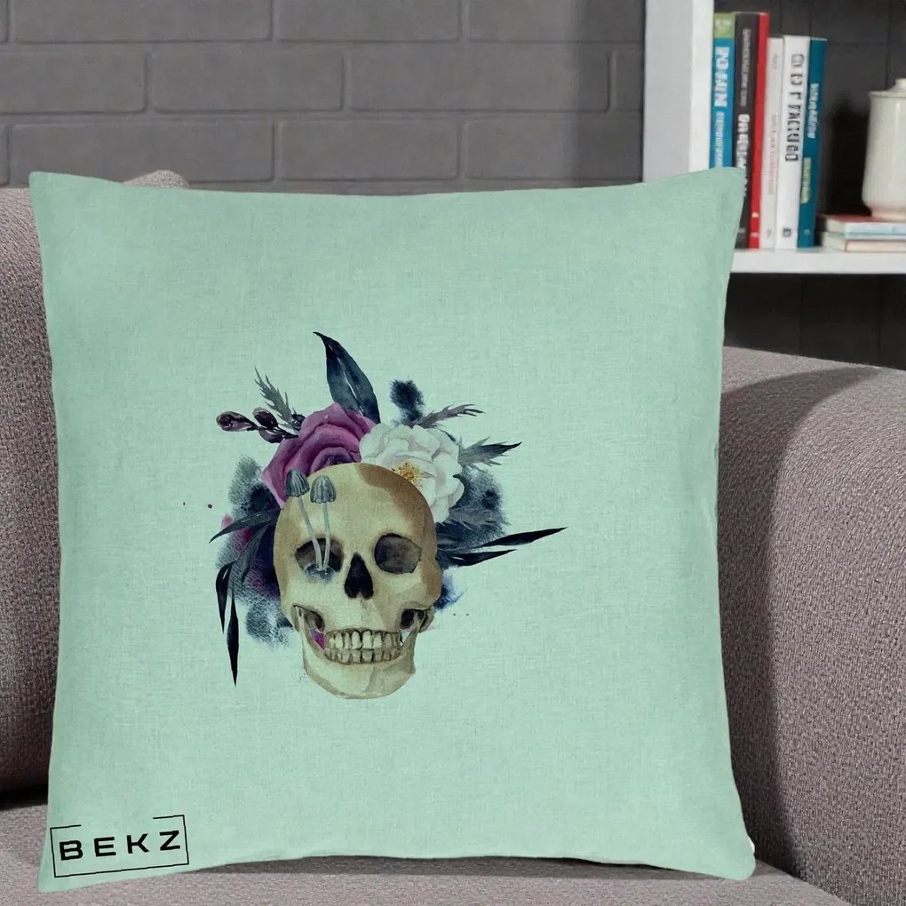 Perna Decorativa Craniu Floral cu Trandafiri si Ciuperci, 40x40 cm, Verde Menta, Husa Detasabila, Perna Inclusa, BEKZ®