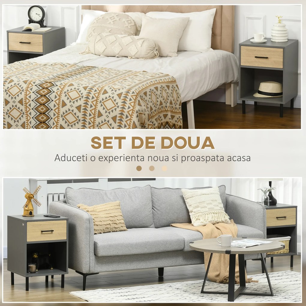 Set de 2 Noptiere, Masa Laterala cu Sertar, Raft de Depozitare, Masa laterala pentru Camera de Zi Dormitor, Gri si Stejar HOMCOM | Aosom RO
