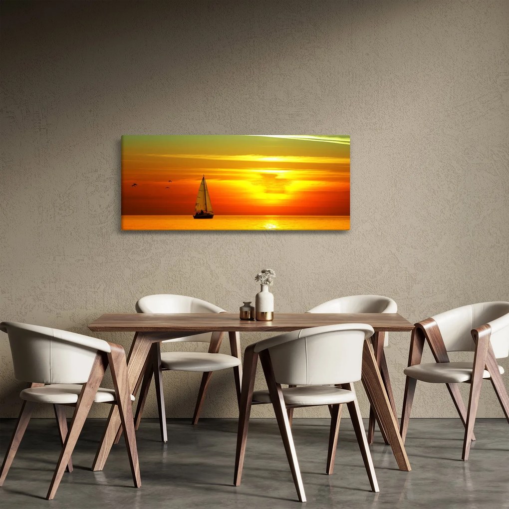 Tablou cu apus de soare și iaht (120x50 cm)