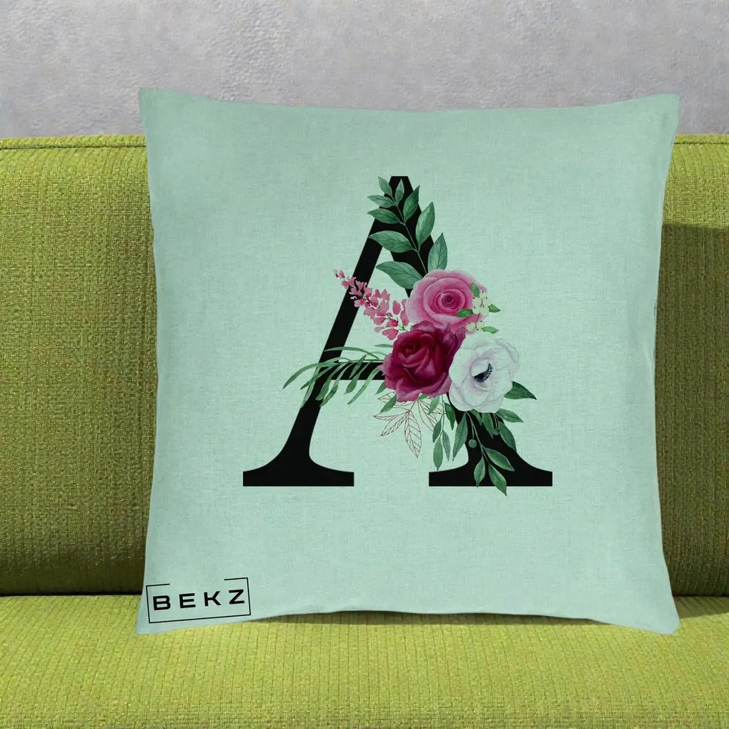 Cadou Personalizat - Perna Personalizata Monograma Florala Litera A, 40x40 cm, Verde Menta, Husa Detasabila, Perna Inclusa, BEKZ®